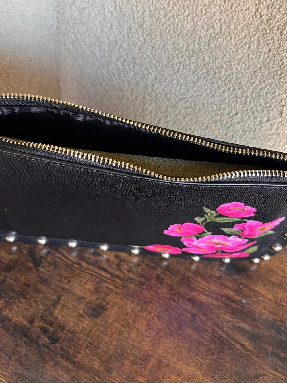 White House Black Market Black Wristlet Clutch with Pink Floral Print - Picture 7 of 11